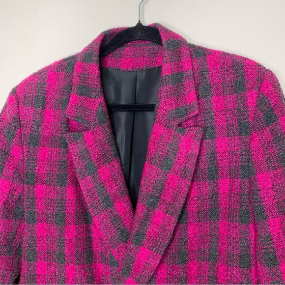 Vintage Pink Plaid Wool Blend Double Breasted Blazer Preppy Jacket No Size Tag - Picture 3 of 14